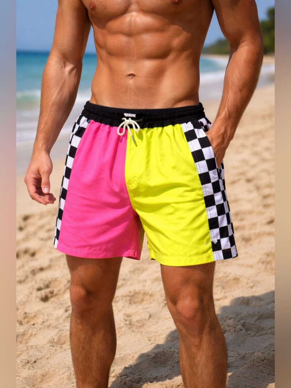 Duvin Design Co Shorts Men XL Neon Colorblock Pink Yellow Checkered Swim Trunks